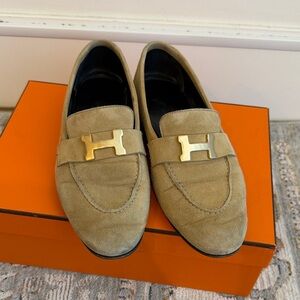 Hermes Beige Suede Loafers with Gold Detail